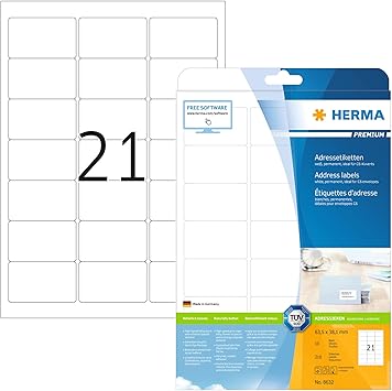 HERMA 008632 x5 - 5 x boites de 2100 Etiquettes universelle PREMIUM, 63,5 x 38,1 mm, (remplace 119761 ) blanche avec bord, autocollant, adhérence permanente, blanchi sans chlore, pour jet d'encre, imprimante à laser / couleur contenu : 210 étiquettes sur 10 feuilles A4 HERMA 008632 x5